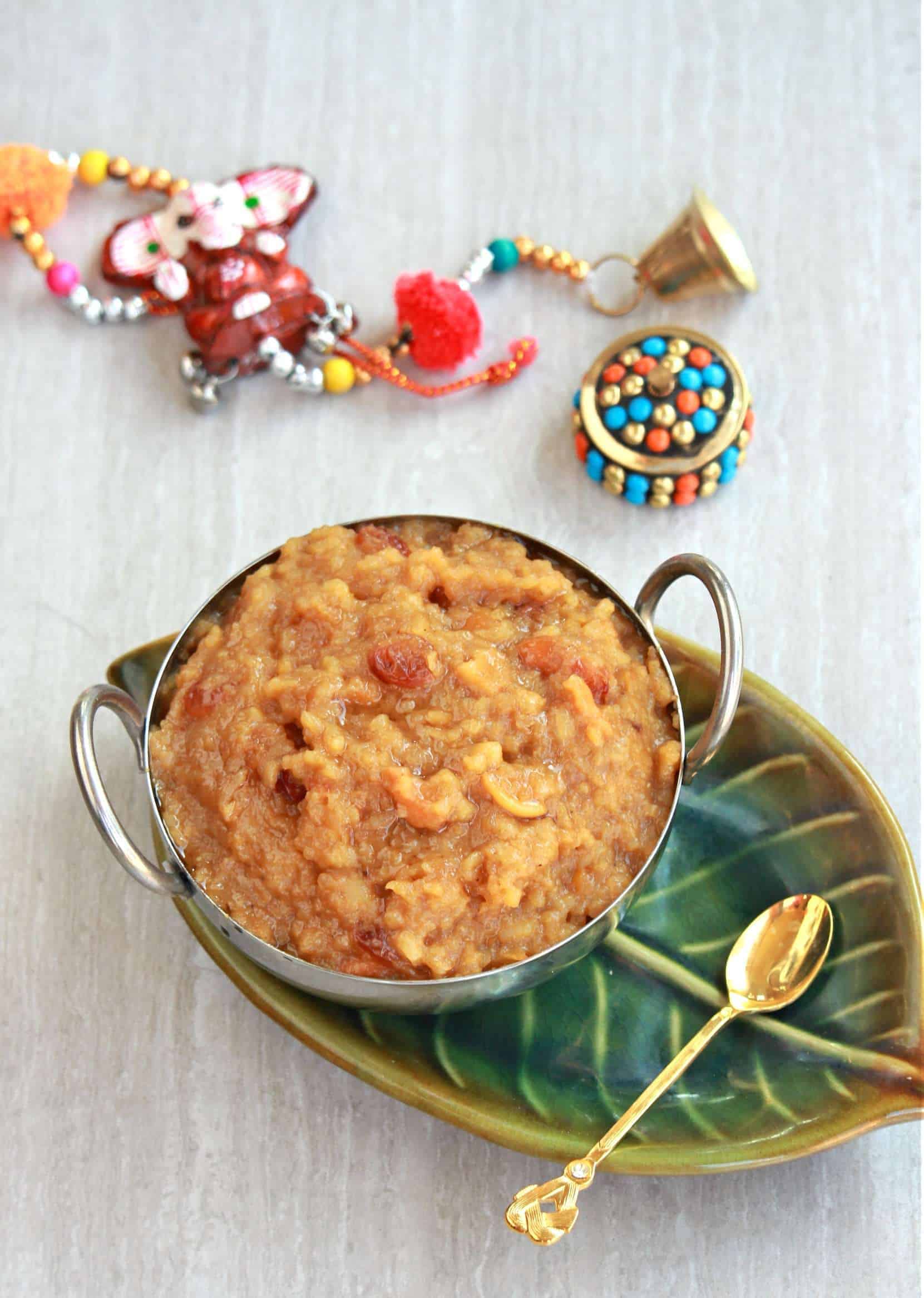 sweet pongal in a bowl with decorative accessories in the background