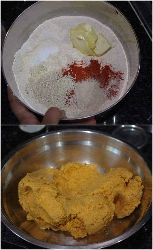 Adding spices to rice flour and lentil flour to make a dough
