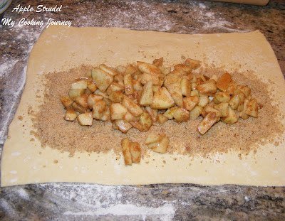 Prepared apple mixture on a pastry sheet.