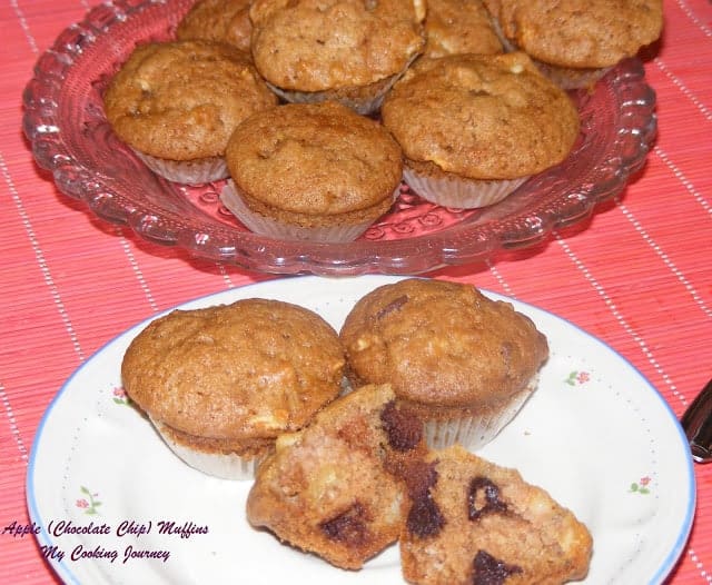 Apple chocolate chip muffin in a glass plate