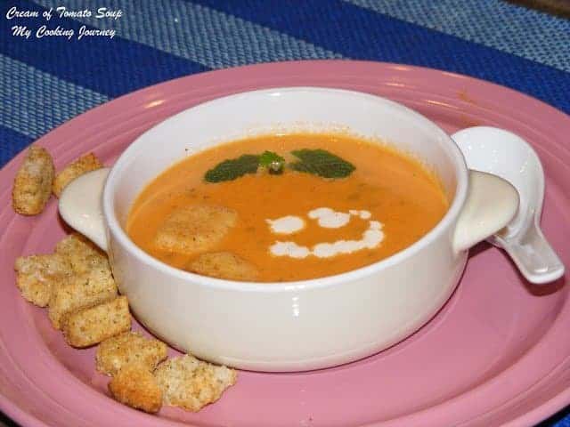Cream of Tomato Soup in bowl with Croutons