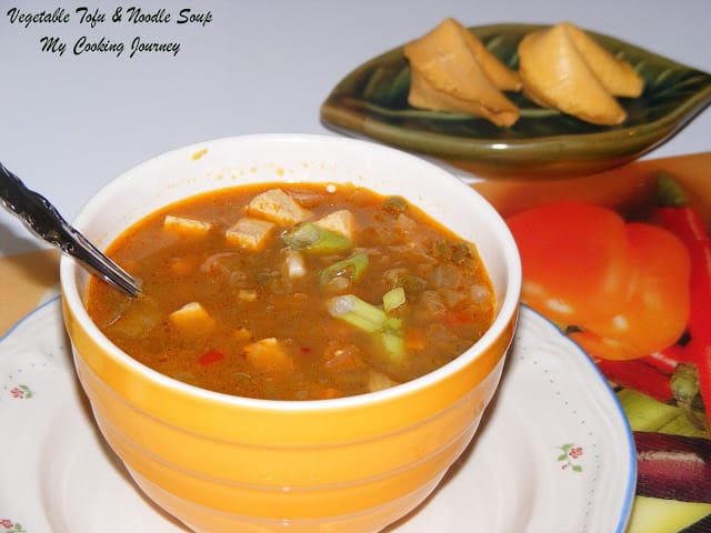 vegetable tofu and noodle soup in a bowl