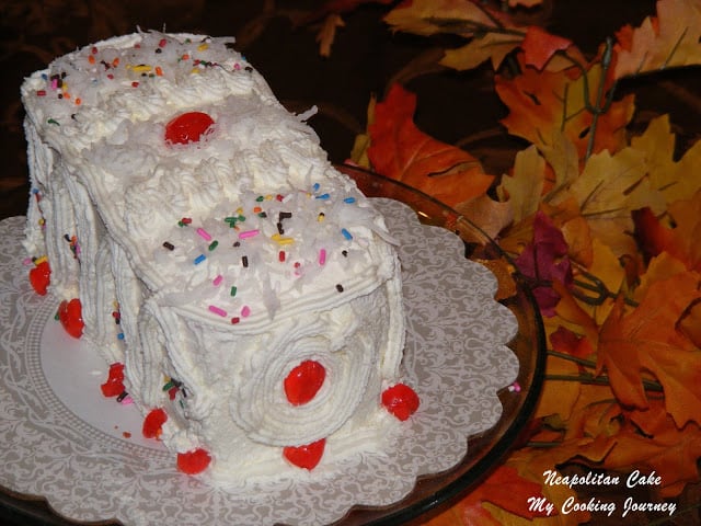 Festive Holiday Cake decorated and served in a dish