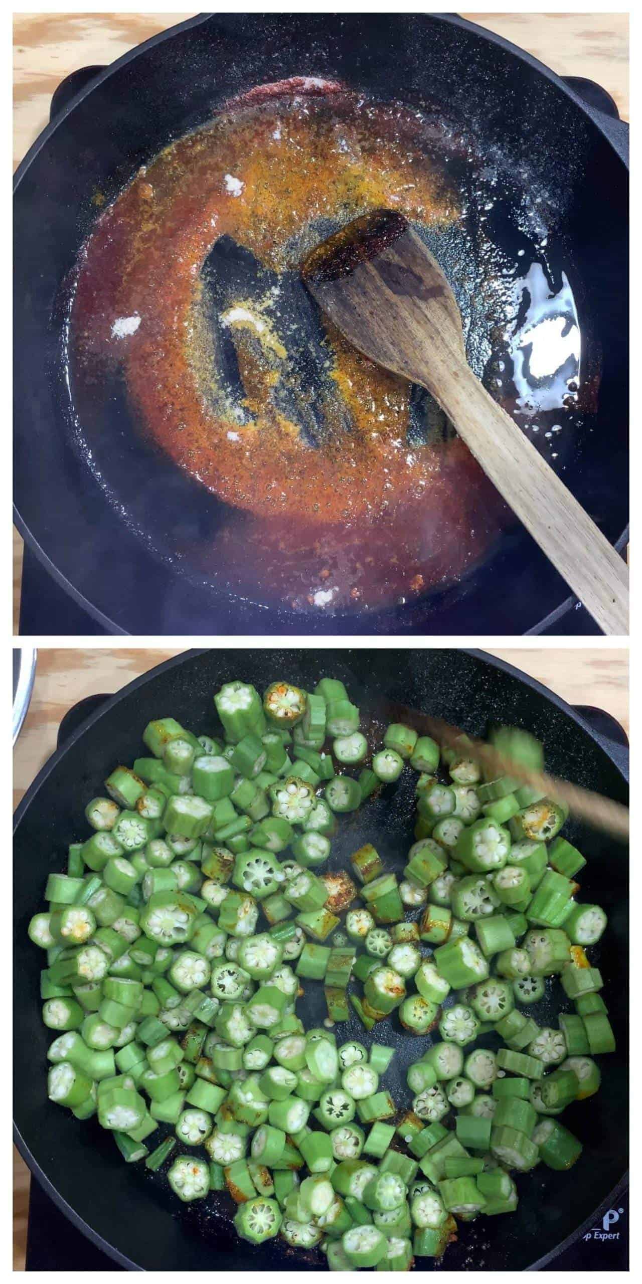 Frying the okra with spices