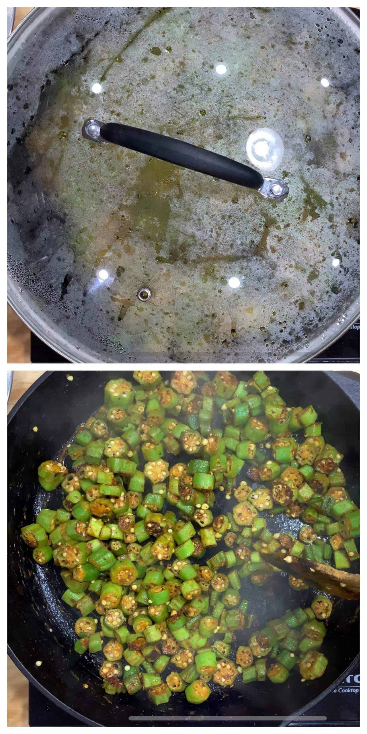 Cooking okra / vendakkai in cast iron pan