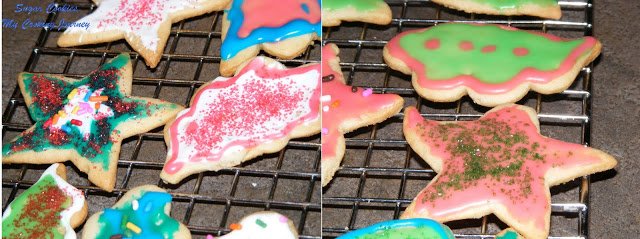Decorating sugar cookies with different colors and sprinkles