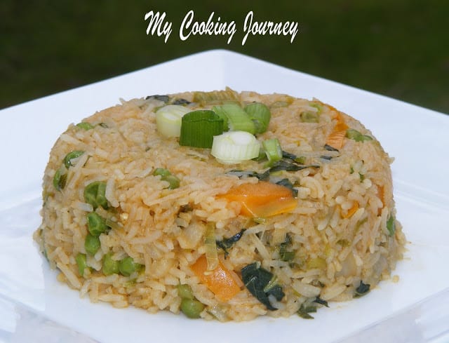 Bokchoy fried rice in a white plate