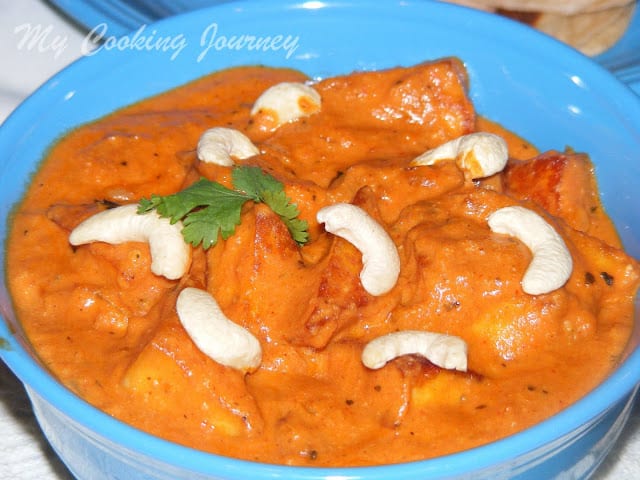 Shahi paneer in a blue bowl