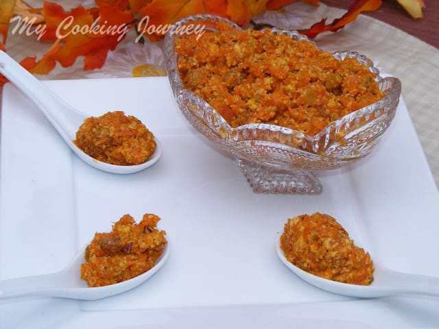 Carrot halwa in a glass bowl