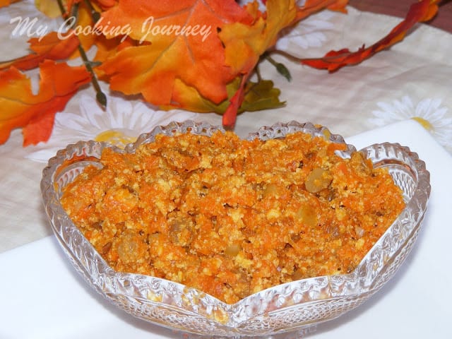 Carrot halwa in a glass bowl