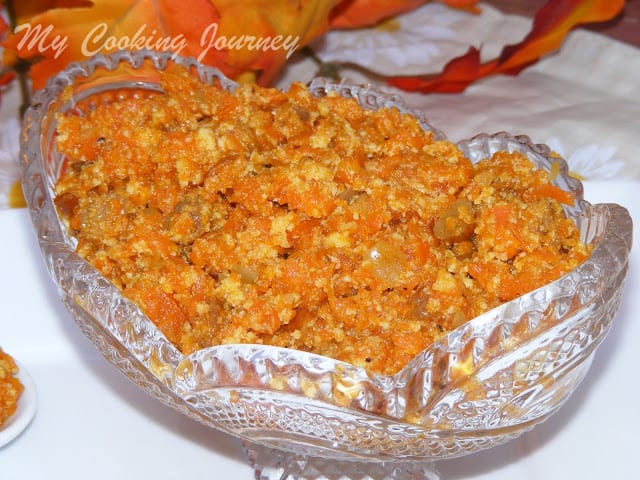 Tasty Carrot halwa served in a glass bowl