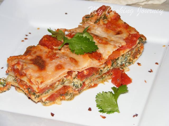 Spinach And Ricotta Lasagna served in a tray 