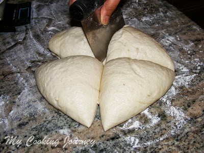 Making risen dough on work surface.