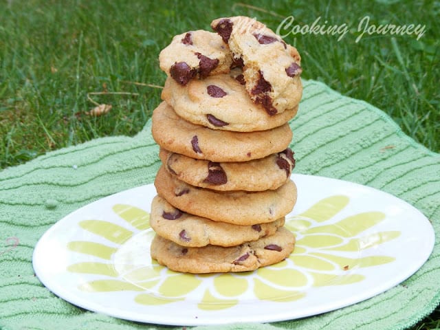 Chocolate chip cookies are served on a plate one