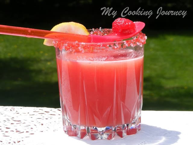 Watermelon Raspberry Lemonade in a glass - Side view