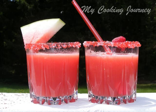 Watermelon Raspberry Lemonade in two glasses