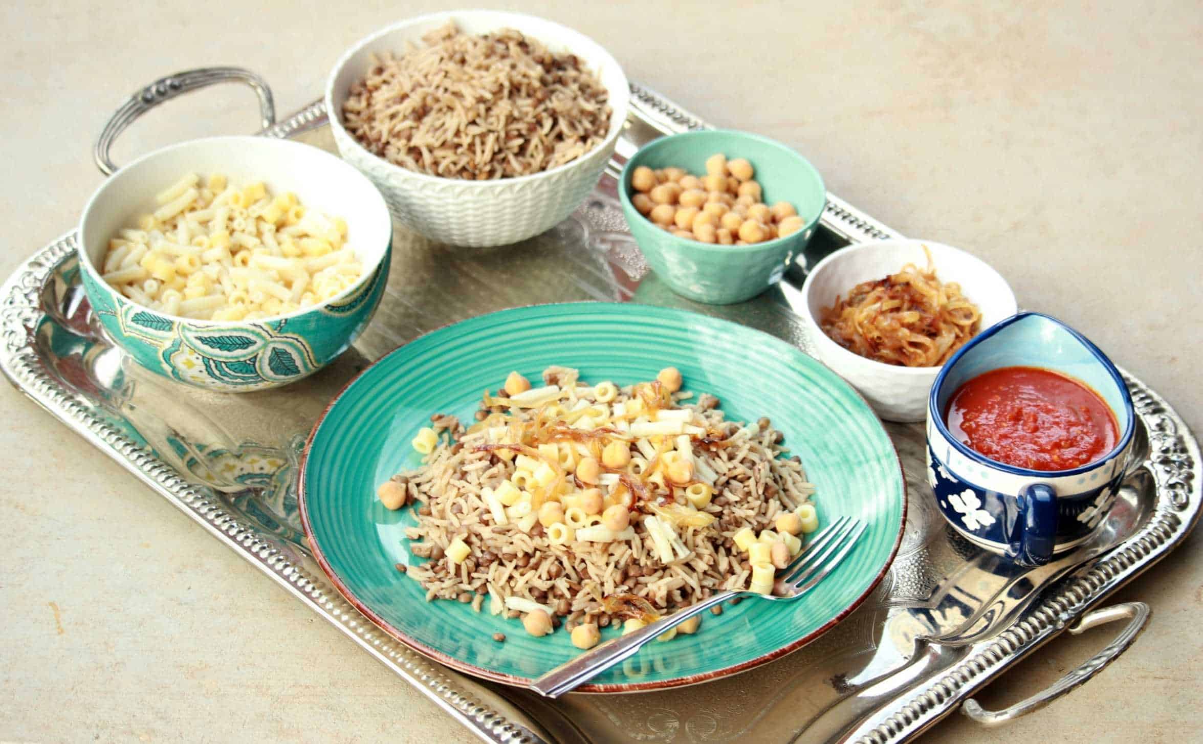 Kushari with all of its sides