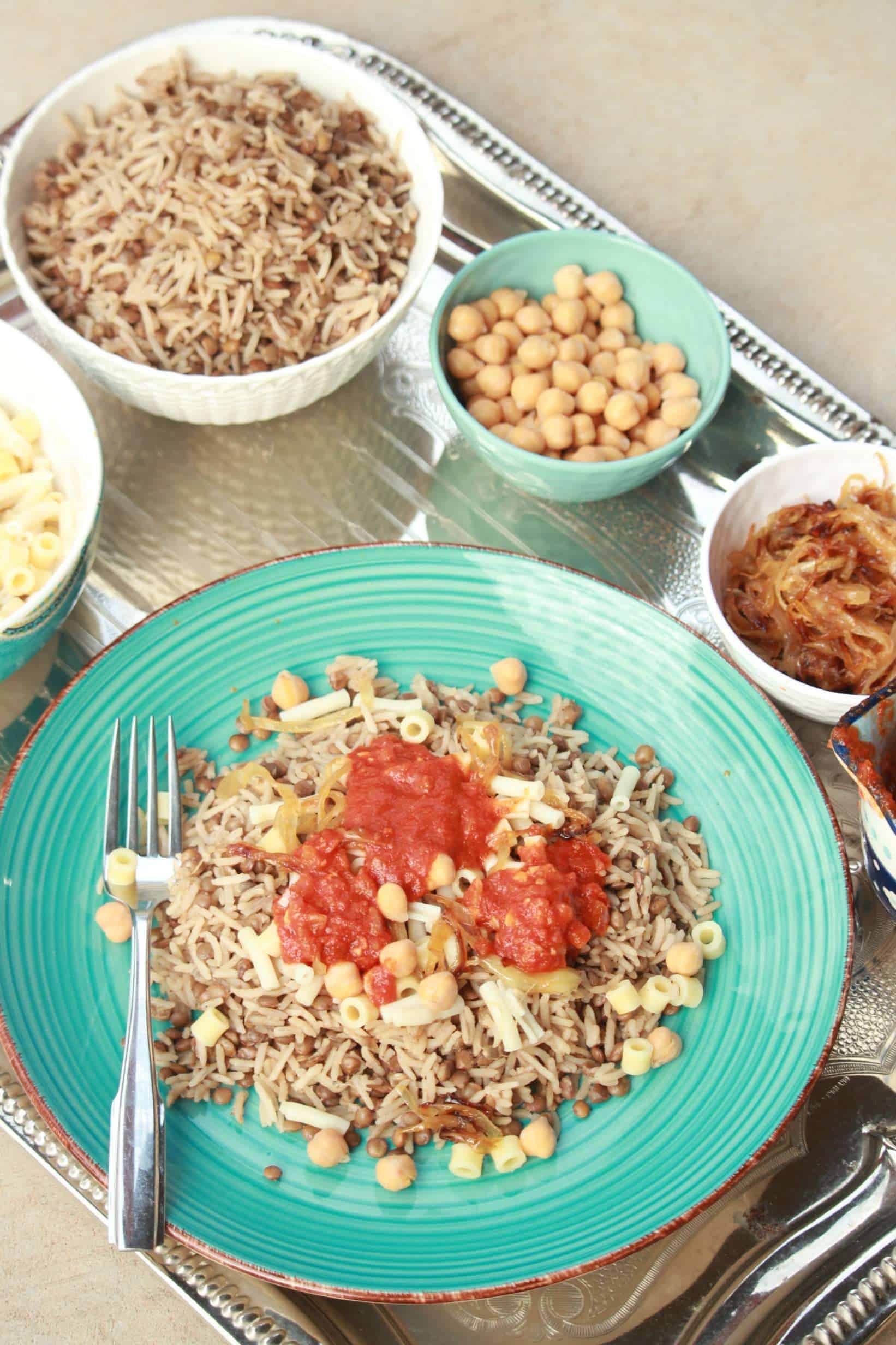 koshari in a plate with sides