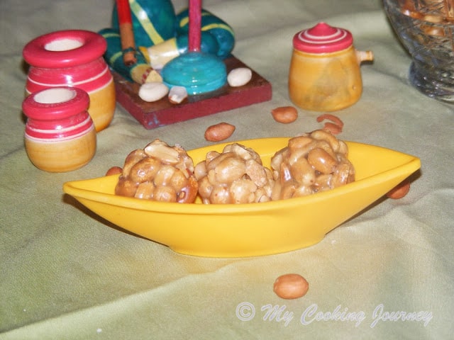 Kadalai Urundai in yellow bowl