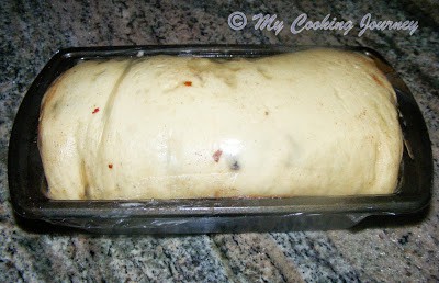 Raised dough in loaf pan