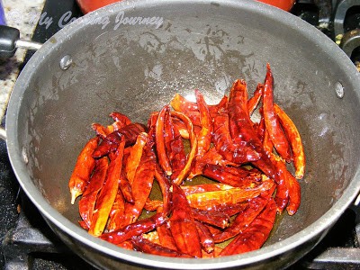 Frying red chilies in oil