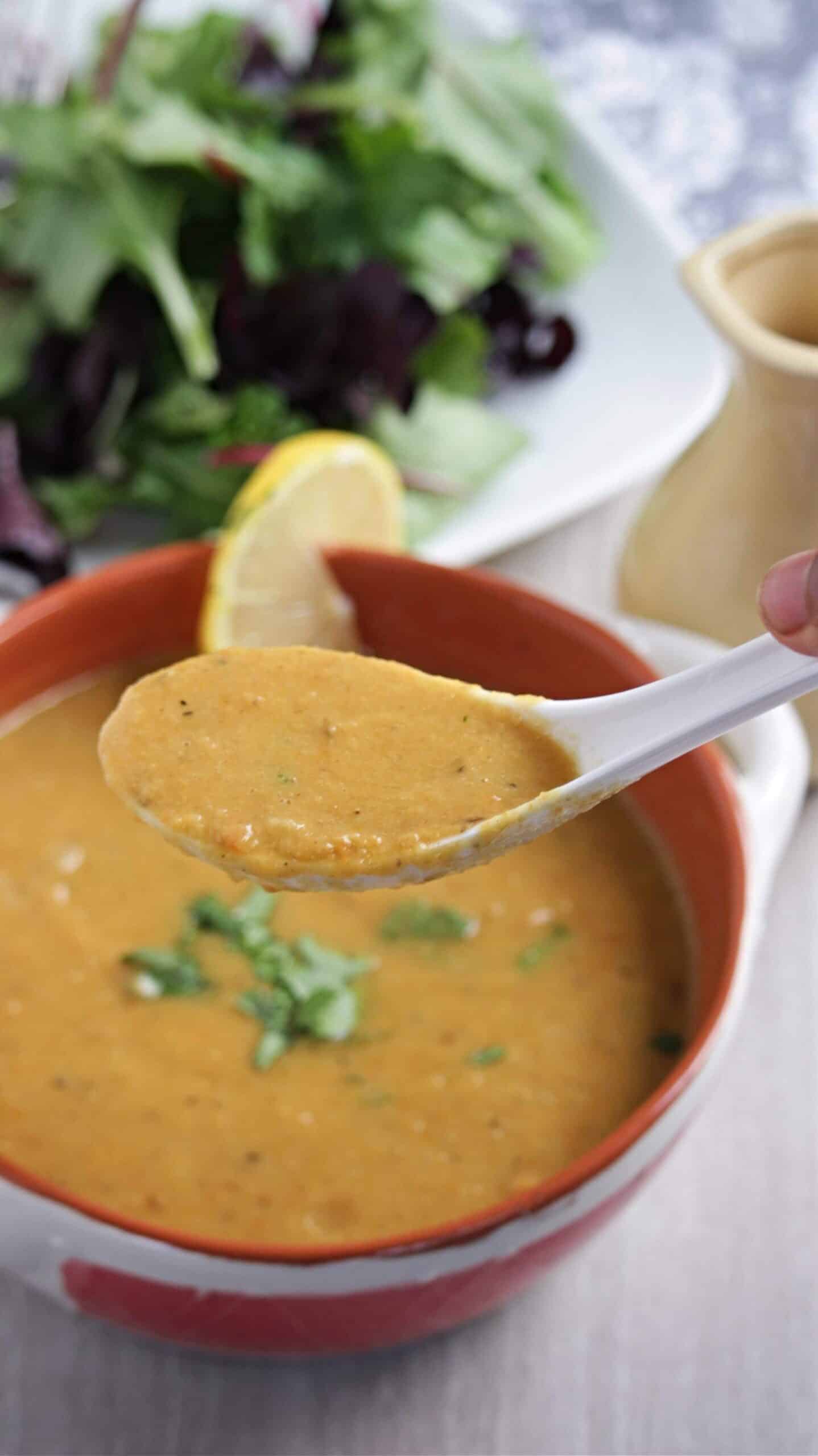 Vegan and Gluten free soup scooped in a spoon