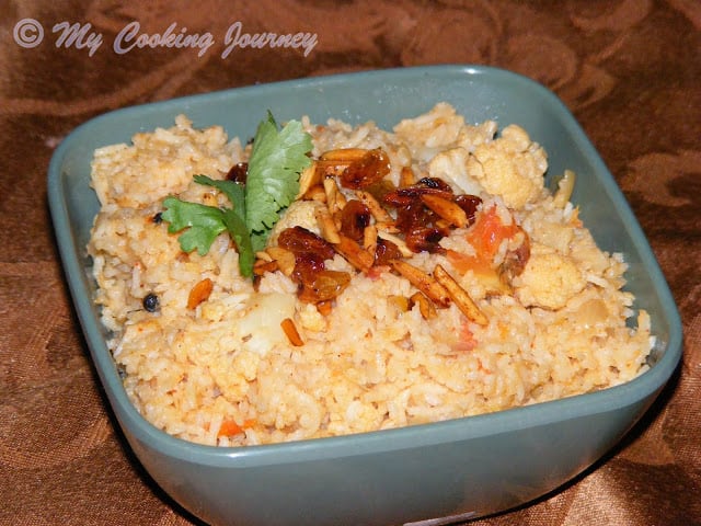 Cauliflower Dum Biriyani in a bowl