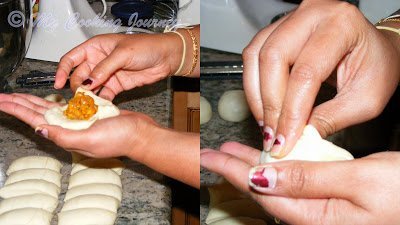 Filling the paneer stuff into dough.