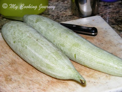 Snake gourd on cutting board with knife