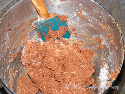 Mixing dry ingredients with spatula.