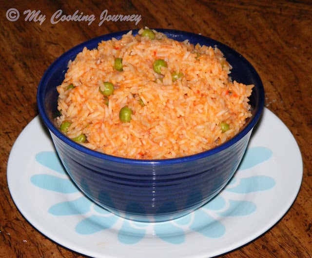 Mexican Rice in a blue bowl