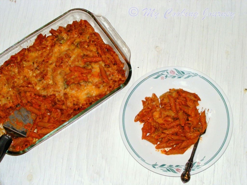 Baked Vegetable pasta is served in a bowl