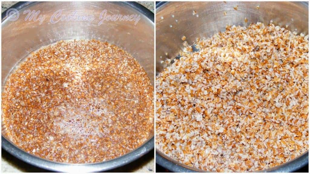 Bulgur in a bowl soaked with water.