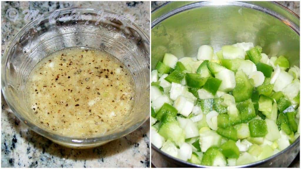 Salad dressing and chopped vegetables in a bowl.