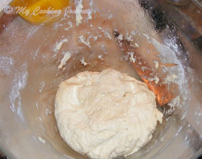 Making dough in large bowl.