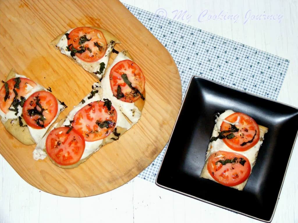 Focaccia Caprese served in a tray