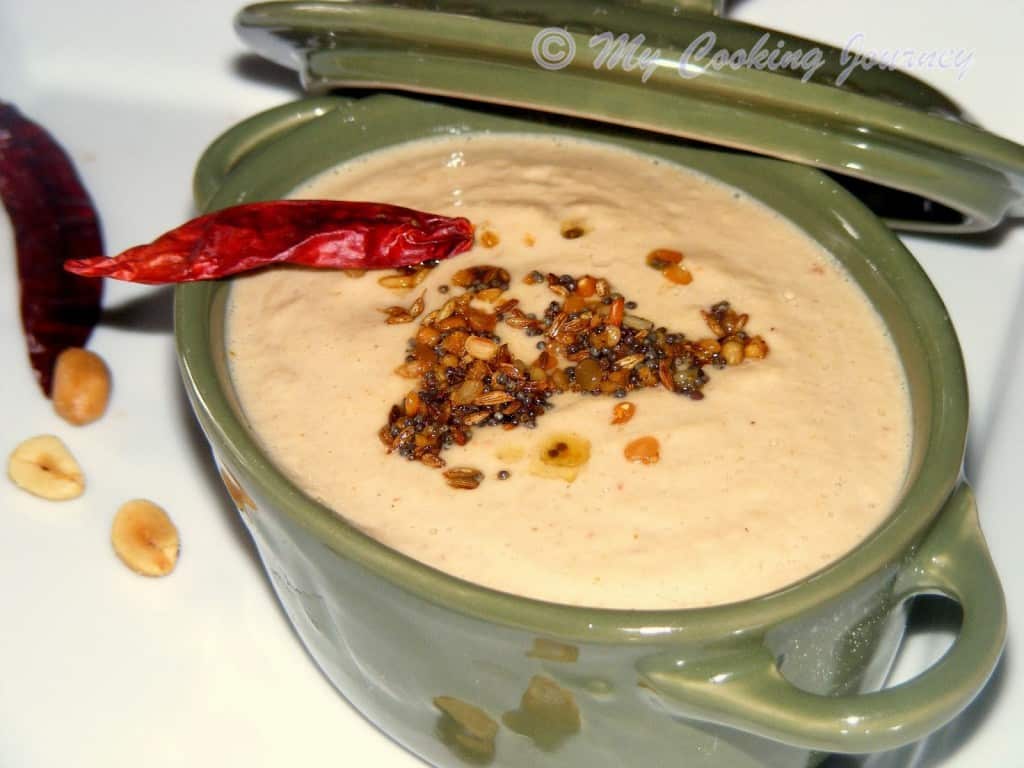 Peanut chutney served in a bowl.