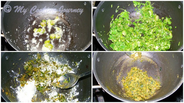 Cooking the methi with other ingredients in pan