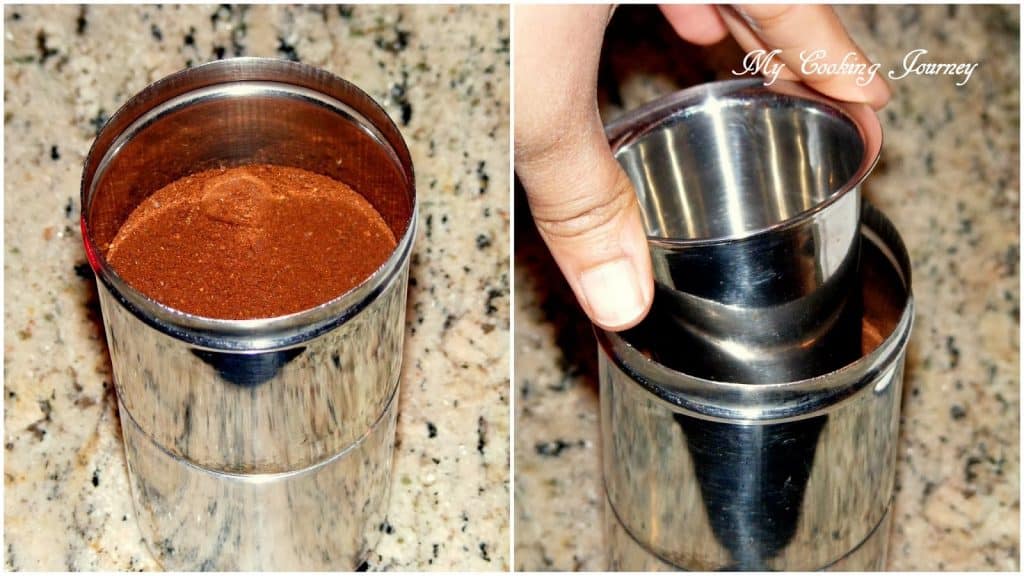 Adding the coffee powder to the top compartment