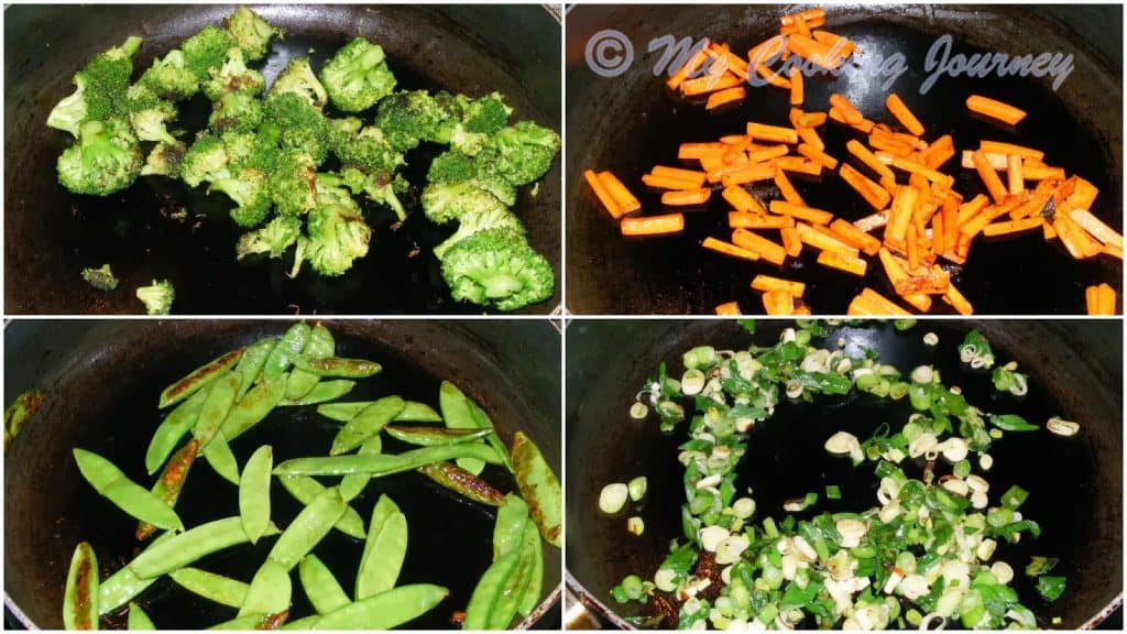 Frying the vegetables individually in a pan