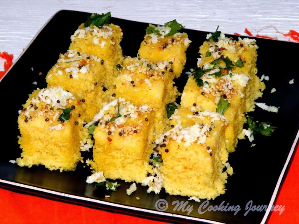 Channa Dal Dhokla in a tray
