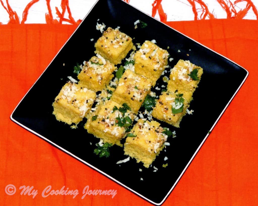Channa Dal Dhokla served in a tray