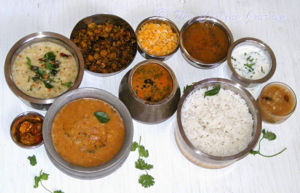 Full Meal idea with Kuzhambu, Kootu, curry, Paruppu, Payasam, Pachadi, Thakkali Rasam, Rice and pickle