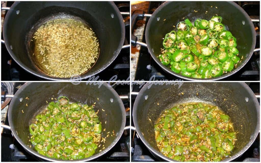cooking the spices and green chilies