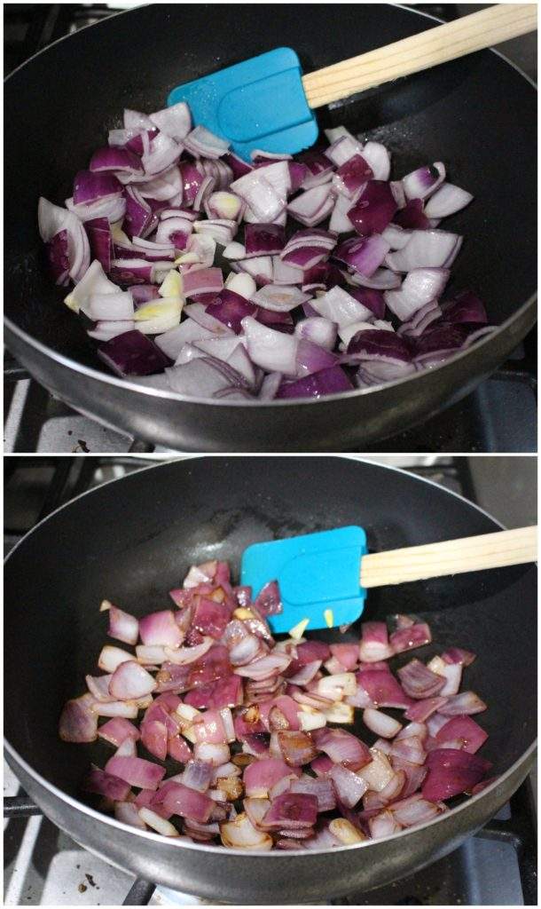 Pan frying onion pieces until golden brown