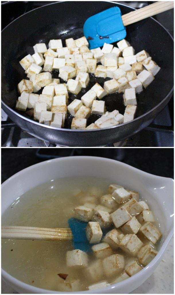 Pan frying paneer pieces and soaking it in hot water