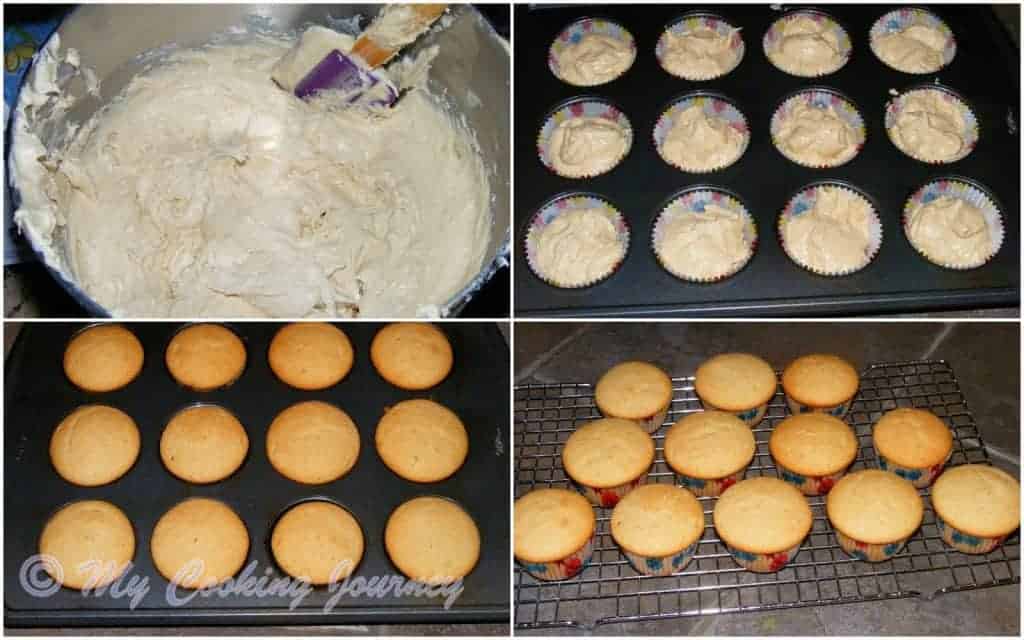 Adding batter in the cupcake mold and baking.