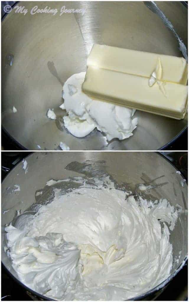 Adding Butter cream, milk and sugar in bowl and beating with beater.