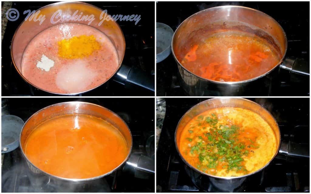 Cooking Thakkali Juice Rasam in a pot