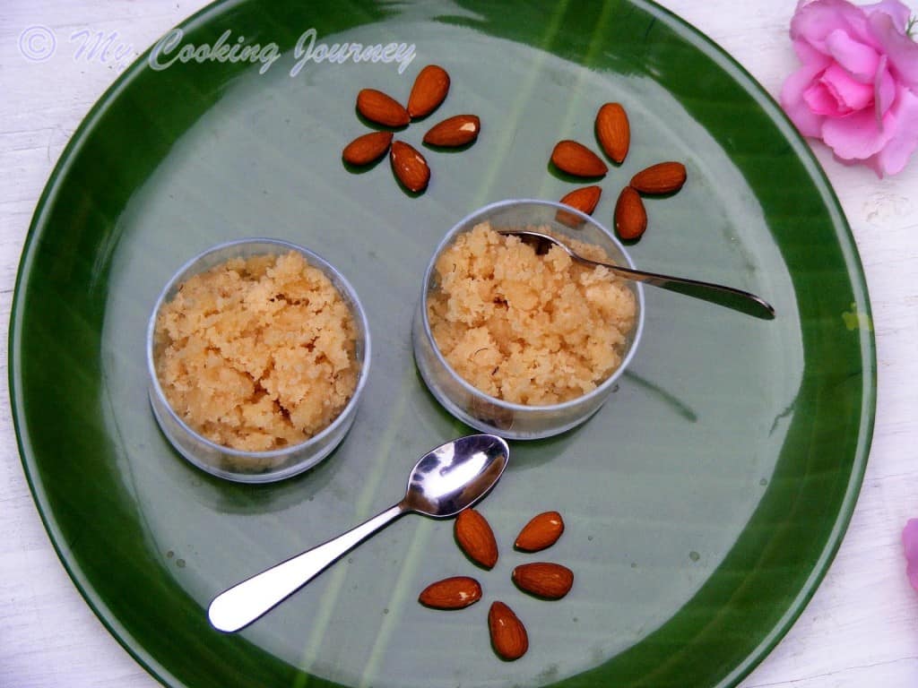 Badam Halwa Served in a bowl with spoon